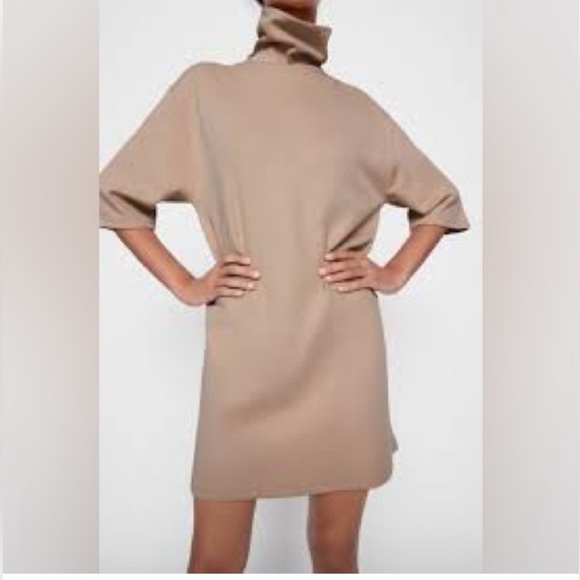 NWOT Zara Beige/ Nude Short Sleeve Turtleneck Mini Dress Size Medium - Picture 2 of 7
